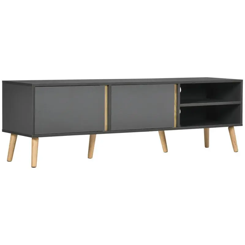 Scandinavian-style TV stand for TVs up to 55 inches, featuring 2 doors, 2 open compartments, and cable management; 150 x 35 x 45 cm, dark grey.