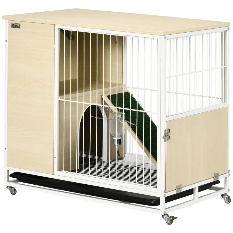 Rabbit hutch on wheels with opening roof and platforms, featuring a removable tray – 78 x 52.5 x 76.5 cm – natural finish