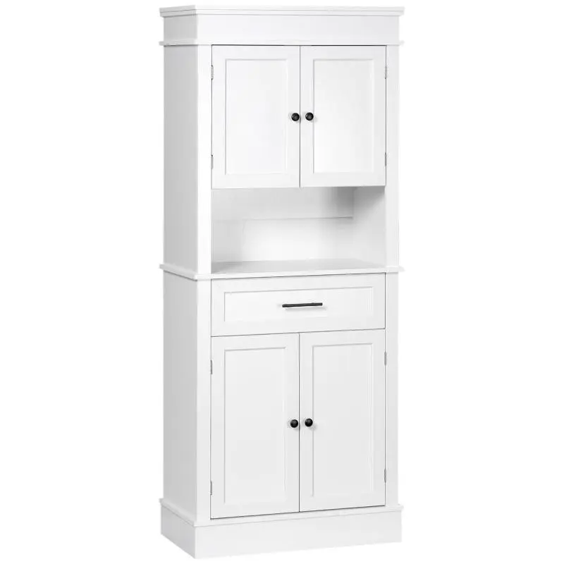 Multi-storage kitchen sideboard/cabinet featuring 2 cupboards, 2 doors, a drawer, and an open shelf; made of MDF and E1-grade particleboard; white finish.