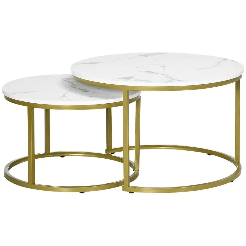 Set of 2 nesting coffee tables: round tables with marble-effect tops and steel legs (Ø 74 x 46.3 cm), white and gold.