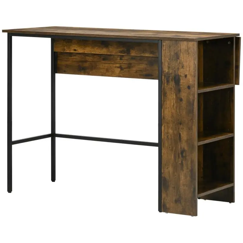 Central Bar Table Island with Fold-Down Side Shelf and 3 Shelves 120 x 76 x 91.4cm Rustic Brown