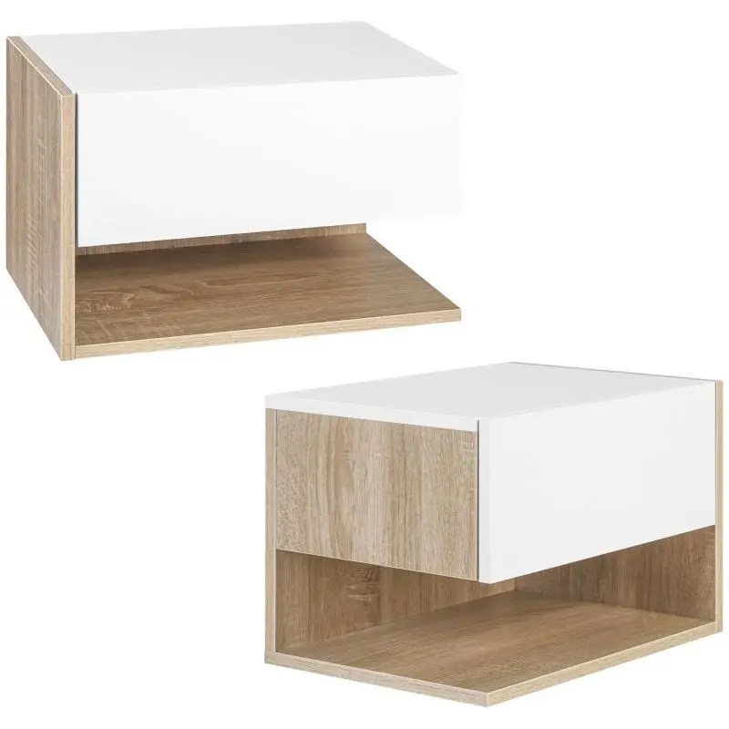 Set of 2 Wall-Mounted Bedside Tables – Set of 2 Nightstands – Sliding Drawer, Shelf, Two-Tone White & Oak Finish