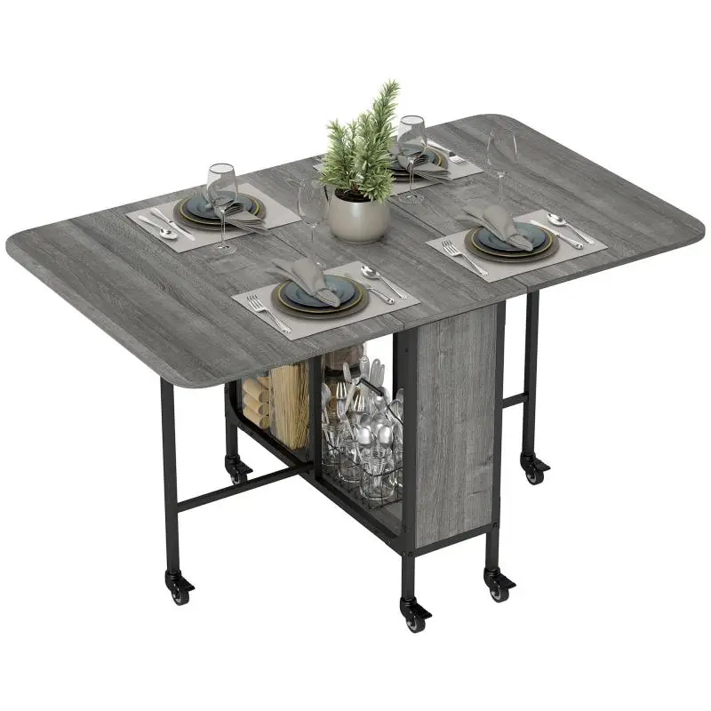 Extendable folding kitchen/dining table on wheels (seats up to 6), with built-in shelf and 6 wheels – Grey
