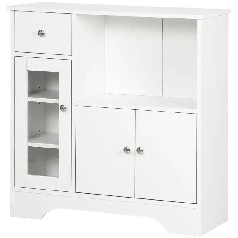 Modern kitchen sideboard with glass door, drawer, large open compartment, and adjustable shelves – 80 x 30 x 82 cm – White