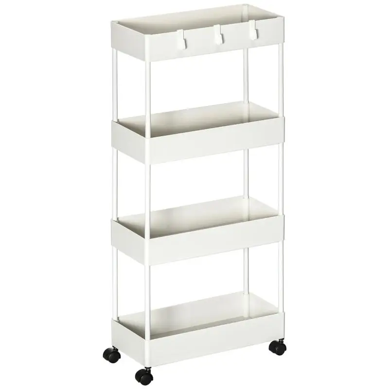 4-Tier Rolling Storage Cart with Removable Baskets and Hooks, White