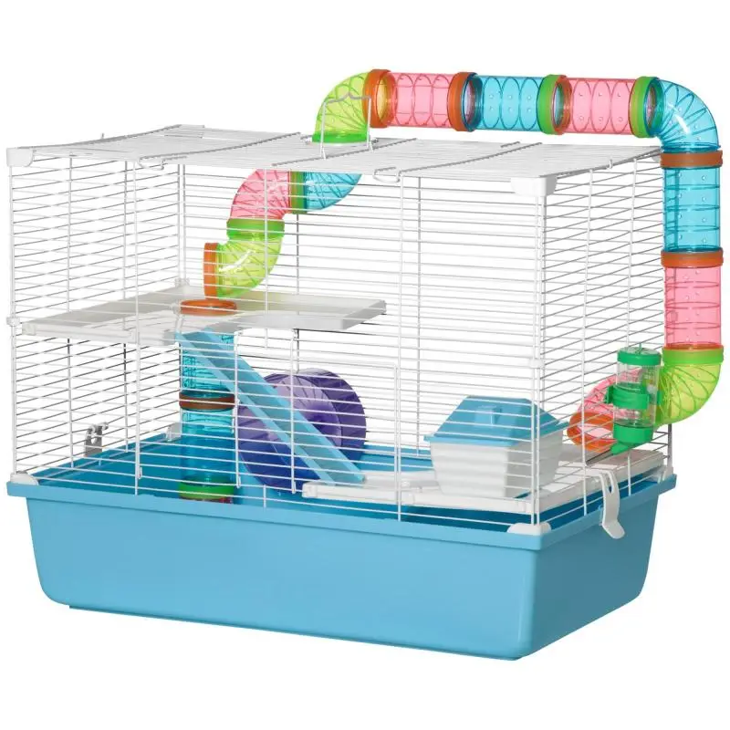 3-level hamster/rat/rodent cage with tunnel, water bottle, wheel, small house, and ladders – dims. 59L x 36W x 47H cm