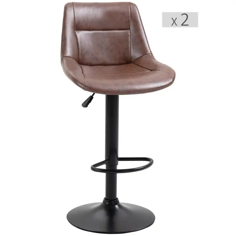 Set of 2 adjustable, swivel vintage bar stools with footrest and brown faux leather upholstery