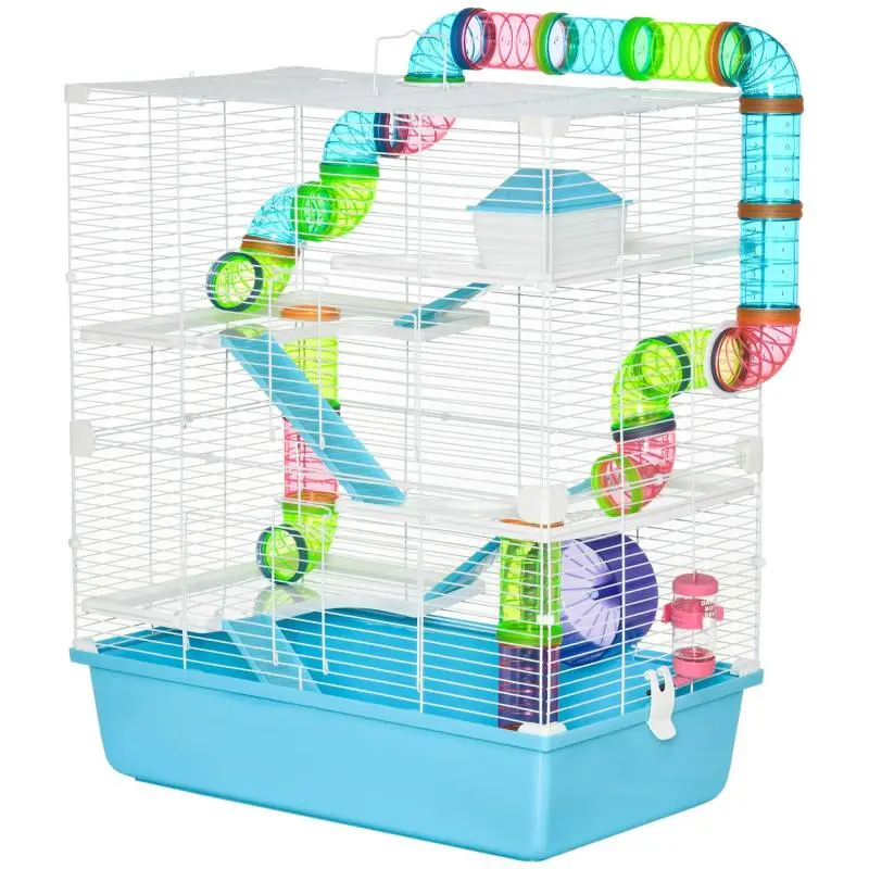 Large 5-level hamster and rodent cage with tunnels, water bottle, wheel, small house, and ladders; dims. 59L x 36W x 69H cm.