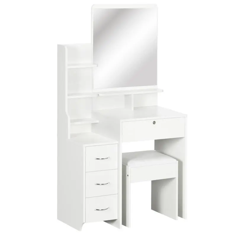 White vanity set with upholstered stool, large mirror, multiple open shelves, and 4 drawers.