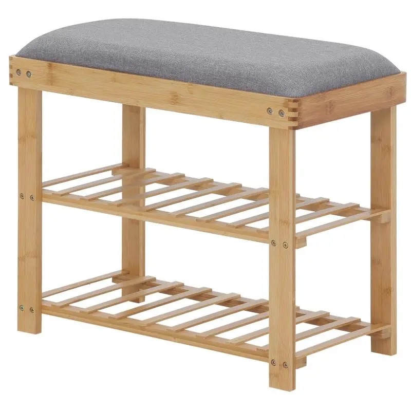 Bamboo Shoe Bench with 2 Shelves and Integrated Grey Cushion