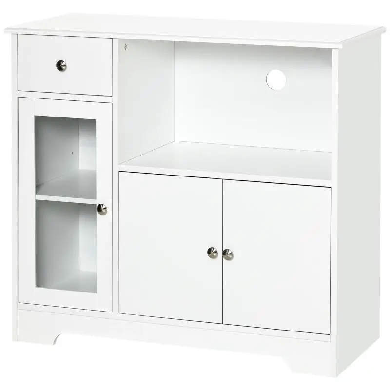 Microwave stand, kitchen sideboard, storage cabinet for kitchen and dining room, 90 x 40 x 82 cm, tempered glass and wood, white