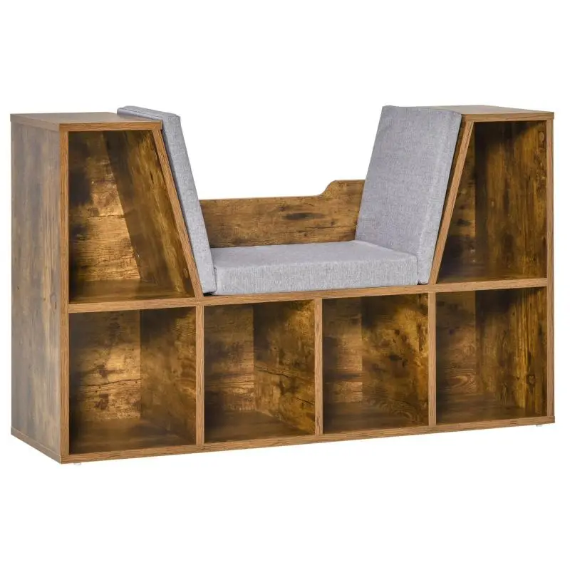 6-Cube Open Storage Bench Bookcase with Cushion, 102 x 30 x 61 cm, Rustic Brown