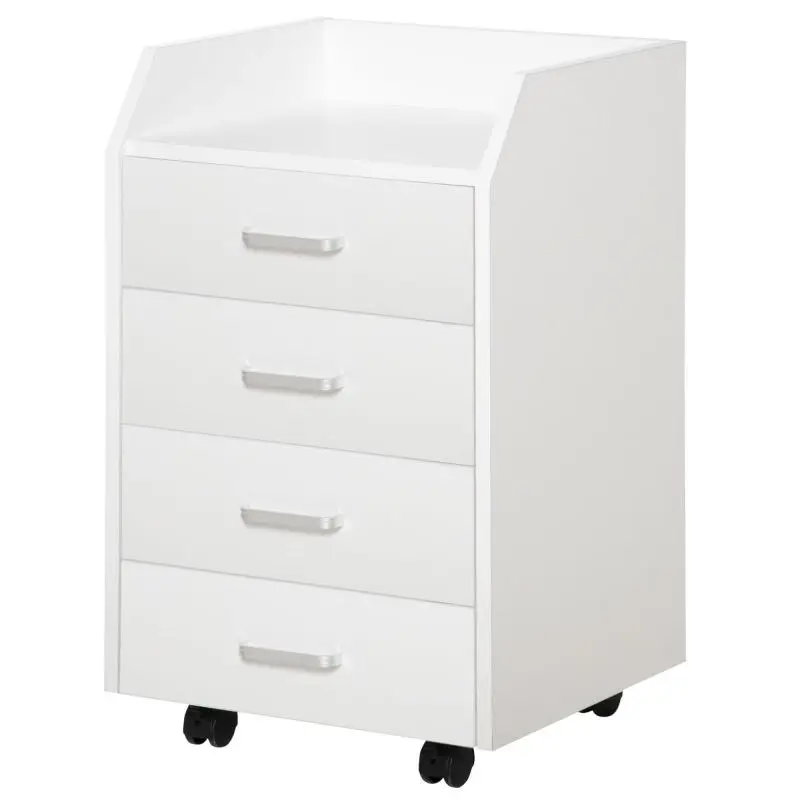 Mobile office storage unit on casters with 4 sliding drawers, made of MDF and particleboard; dimensions: 40W x 36D x 65H cm, white.