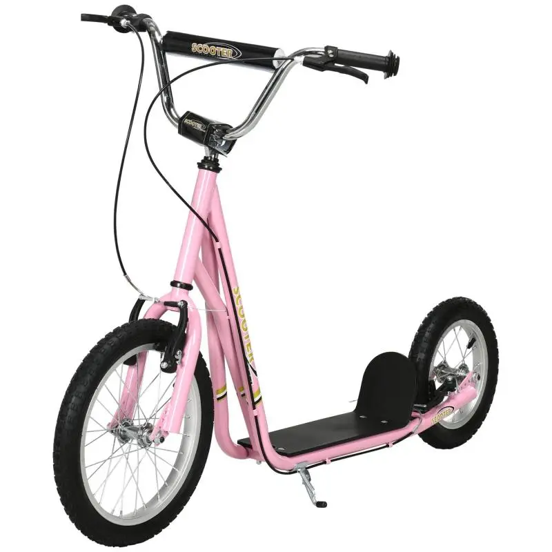Children's Scooter (Ages 5+): Large Tires, Adjustable Handlebars, Grips, Brakes, and Kickstand – Steel – Pink