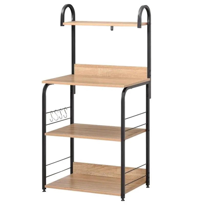Kitchen shelf – microwave shelf – microwave unit – 3 shelves, countertop, hooks – natural wood-effect finish, black steel frame