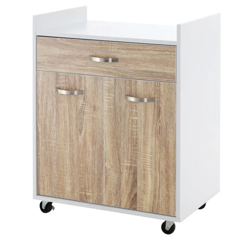 Kitchen service trolley on wheels with drawer, 2-door cabinet, and shelf; white wood finish with light oak accents.