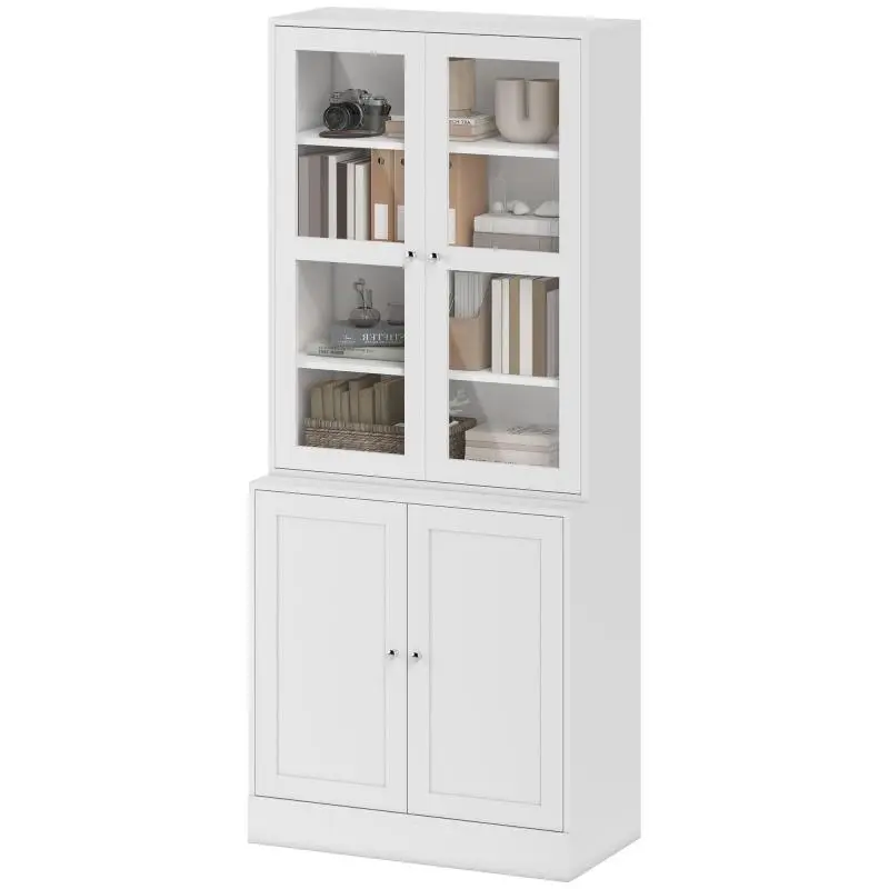 Display cabinet/bookcase, living room sideboard, storage unit with 2 glass doors, 2 wooden doors, and 4 adjustable shelves; suitable for living room, office, or bedroom; white.