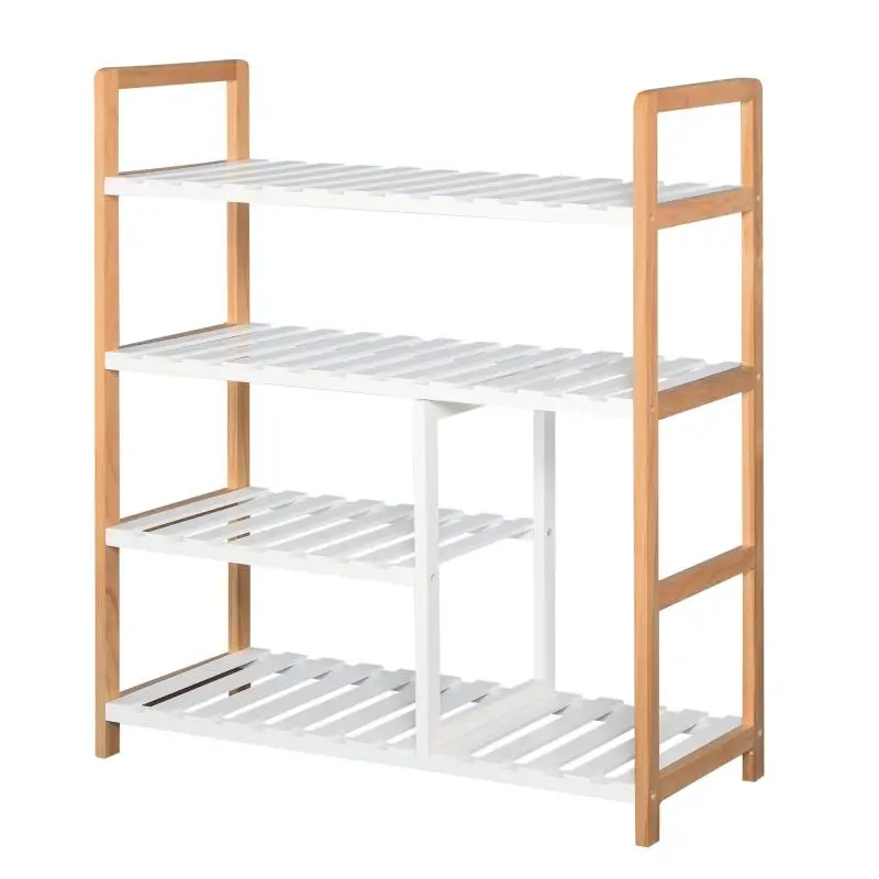 Shoe Rack – Storage Shelf – 4-Tier Shoe Unit – Pine Wood & White MDF Slatted Shelves