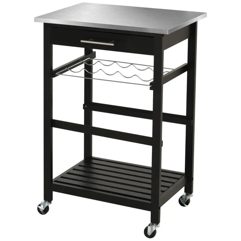 Kitchen Serving Trolley / Rolling Cart with Storage Shelf and Bottle Rack (60L x 40W x 85H cm) – Stainless Steel Top – Black