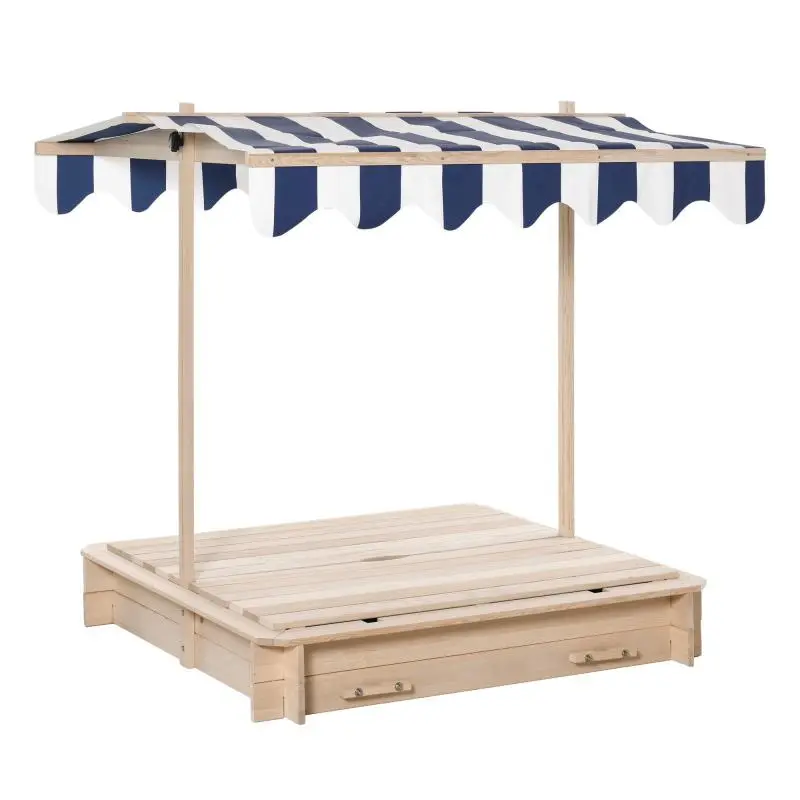 Square wooden sandbox for children (106 x 106 cm) with benches, lid, and adjustable canopy