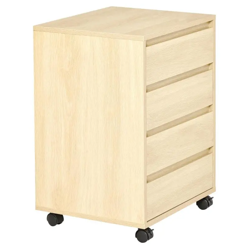 Office Storage Unit, Mobile Office Storage on Wheels, 4 Sliding Wooden Drawers, Natural Finish