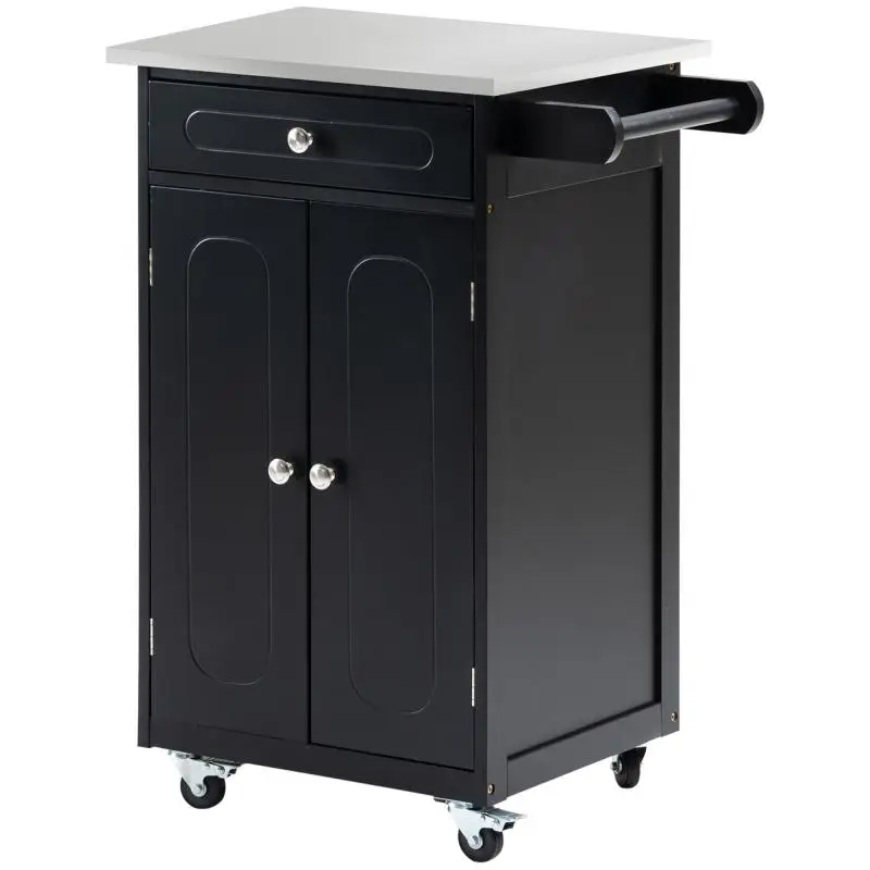 Multi-storage kitchen service cart on wheels with 1 drawer, 2-door cabinet with shelf, and towel holder; black MDF and stainless steel.