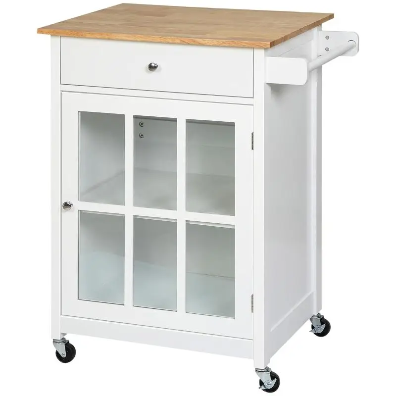Multi-storage kitchen trolley on wheels – cupboard with glass door and adjustable shelf, drawer, towel rail – white and light oak finish