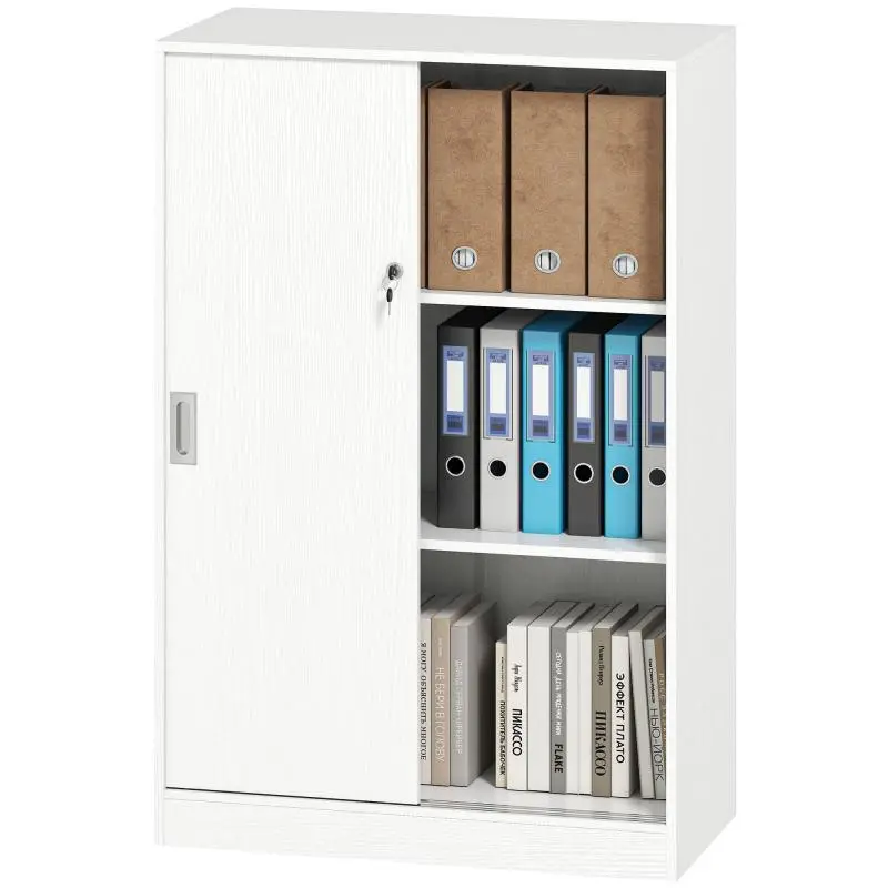 White Wooden Office Cabinet with 2 Lockable Sliding Doors and 2 Shelves