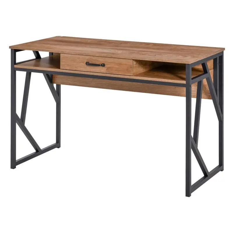 Industrial-style Desk with 1 Drawer, 2 Open Compartments, 1 Black Metal Frame, Size: 120L x 60W x 76H cm