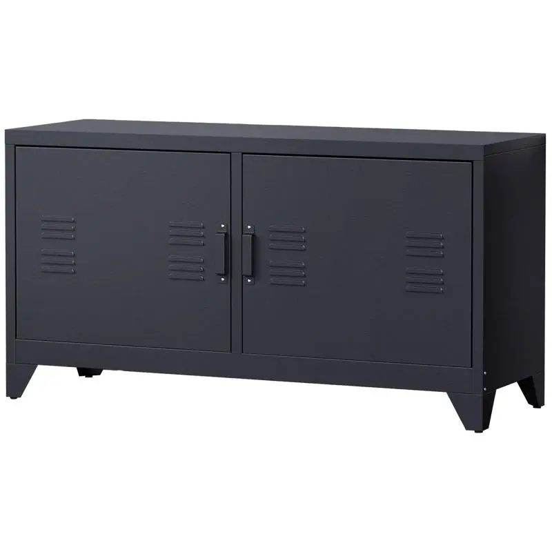 Industrial design TV stand with 2 cupboards, 2 adjustable shelves, cable management, black steel frame