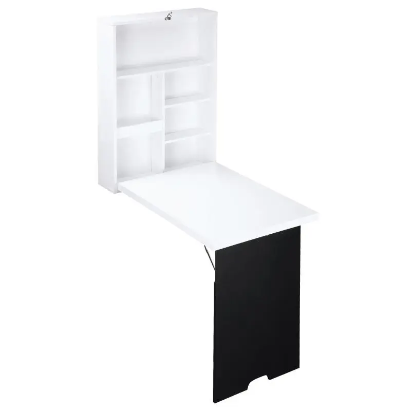 Wall-Mounted Folding Desk, Wall-Mounted Folding Table with Hanging Shelf and Integrated Chalkboard, White MDF