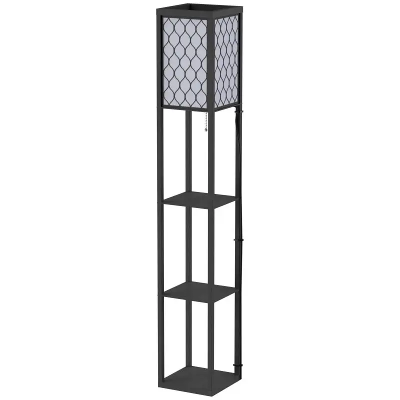 Shelf Floor Lamp – 26L x 26W x 160H cm – 4 Tiers – Black MDF – Honeycomb Pattern