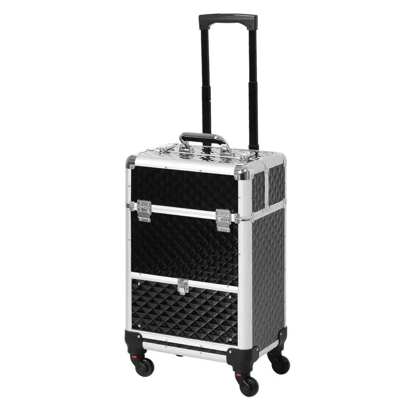 Makeup trolley case, cosmetic vanity case, adjustable telescopic handle, 34L x 25W x 62H cm, black aluminum.