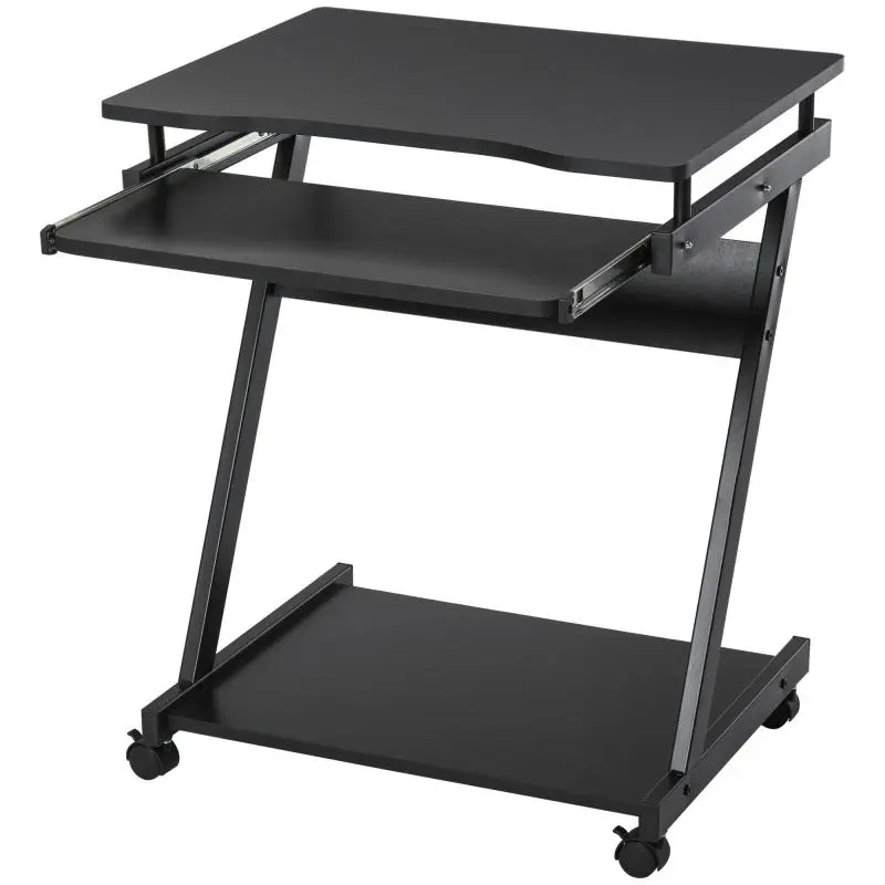 Rolling Computer Desk - Mobile Desk - Computer Table - Sliding Keyboard Tray + Shelf - Black