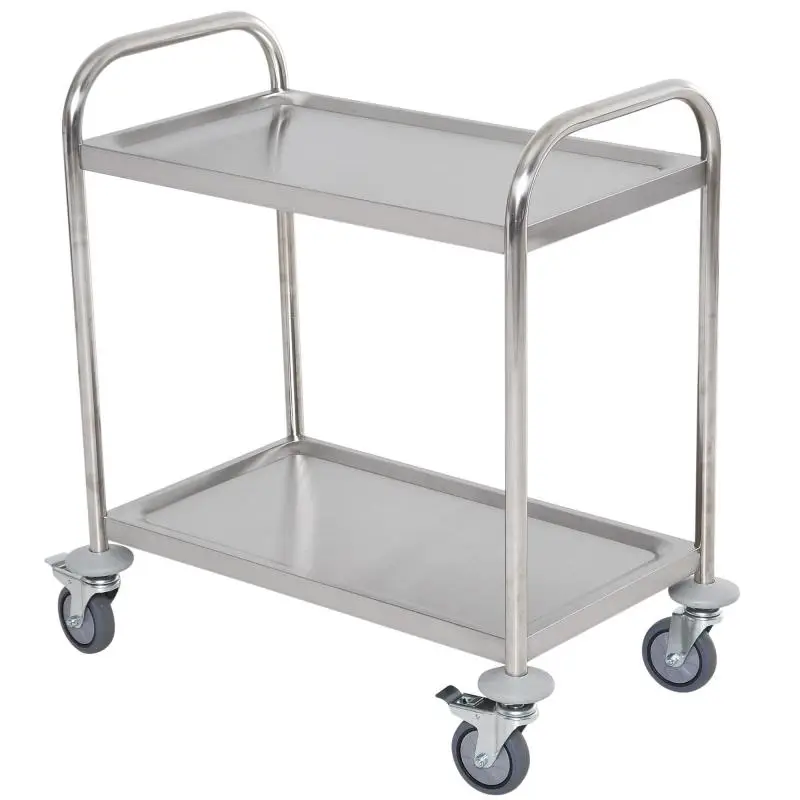 Chrome-plated stainless steel kitchen service trolley on wheels, 2 shelves, 80L x 45W x 82H cm.