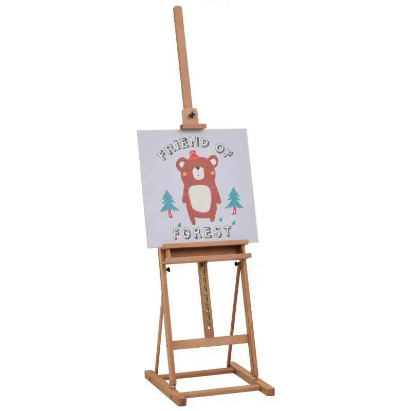 Height-adjustable wooden easel (171–230 cm) with storage and adjustable tilt (max. 80 Degrees);natural wood.