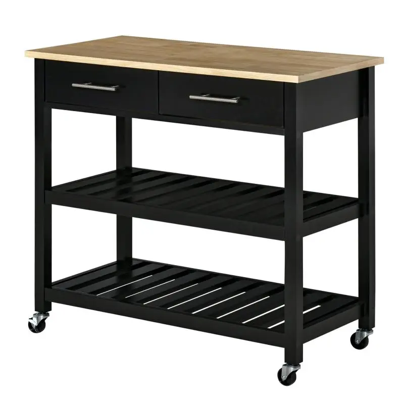 Kitchen service trolley on wheels – 2 shelves, 2 drawers – black and natural wood