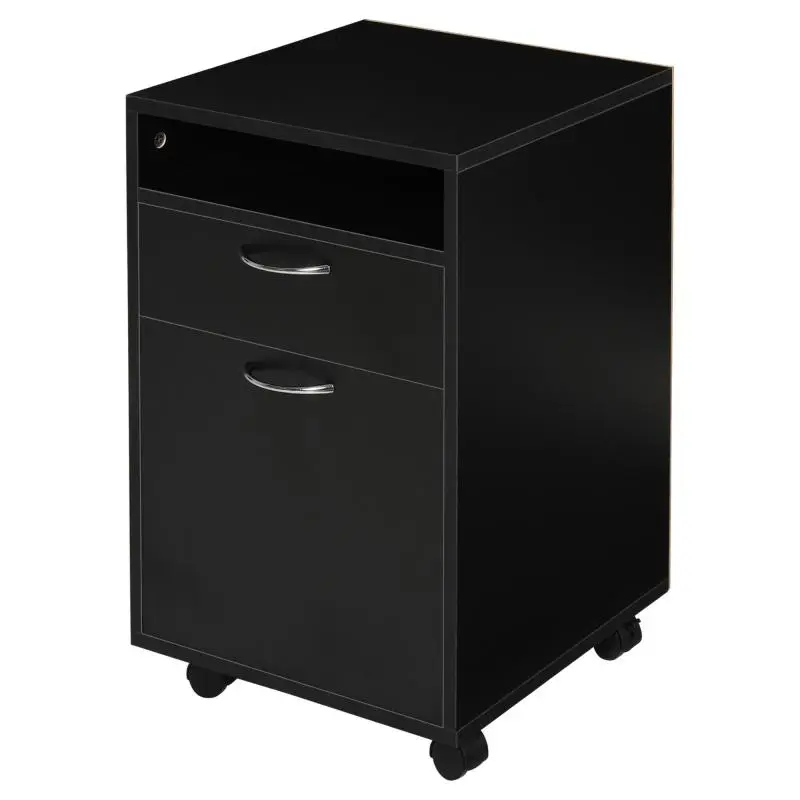 Office storage unit on casters, drawer, cupboard, niche, particleboard, black
