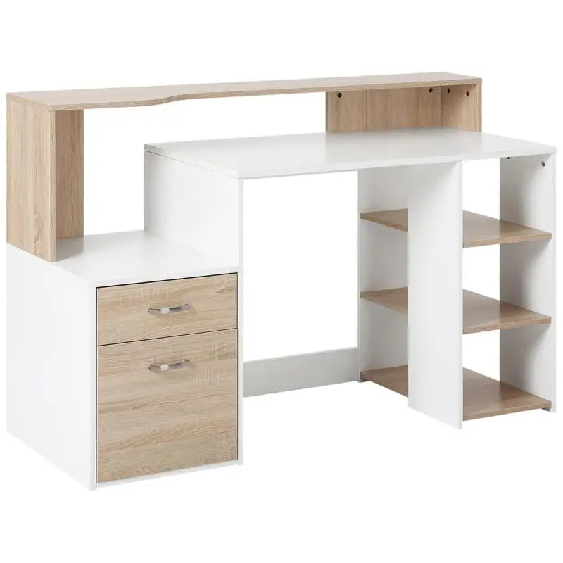 Computer desk with 2 drawers, desk with storage, 137 x 55 x 92 cm, open shelves and a shelf