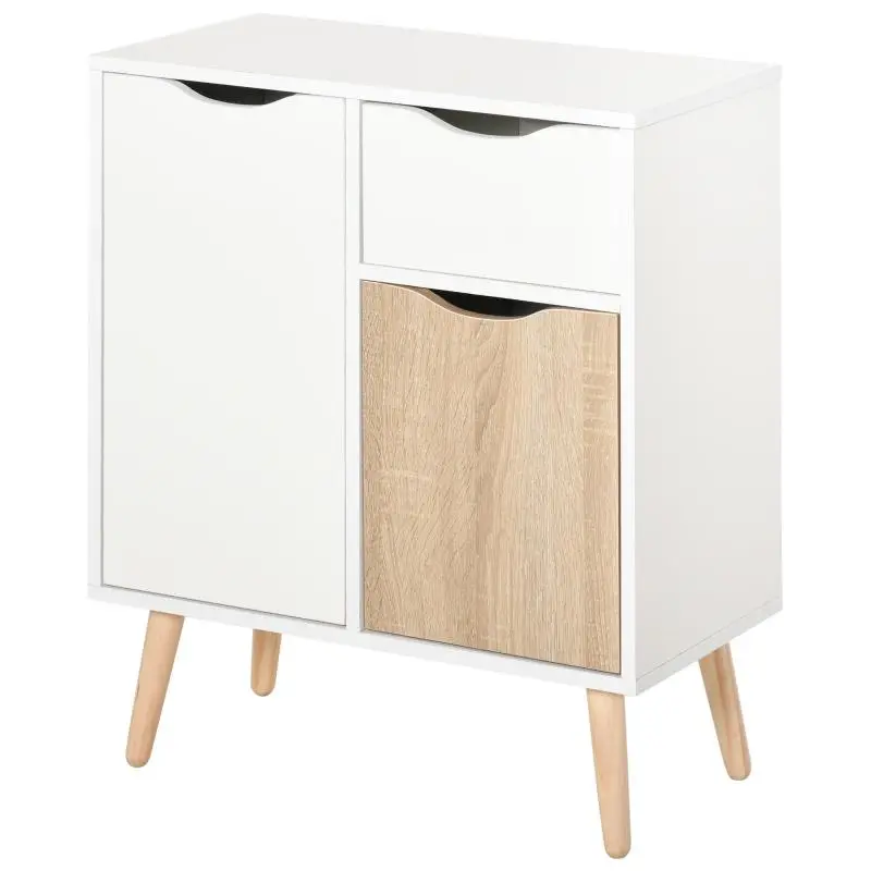 Scandinavian-Style Sideboard/Storage Unit – 2 Cupboards, Sliding Drawer – White & Light Oak Finish
