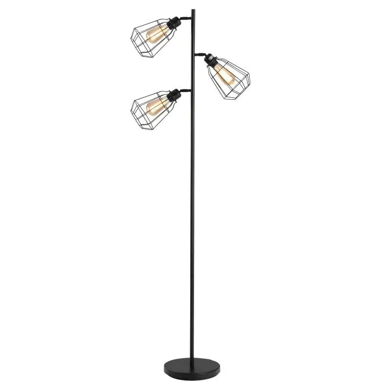 Industrial-style floor lamp, 3 bulbs (max. 40W), black metal cage shades.