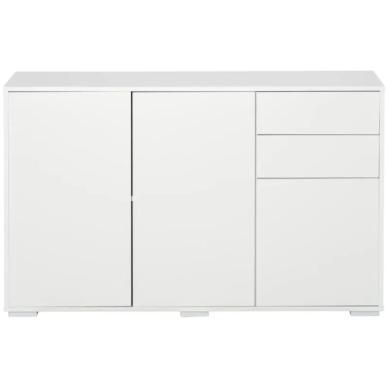 White sideboard/storage unit with 2 sliding drawers, 3 doors, and an adjustable shelf; made of particleboard; 117 x 36 x 74 cm.