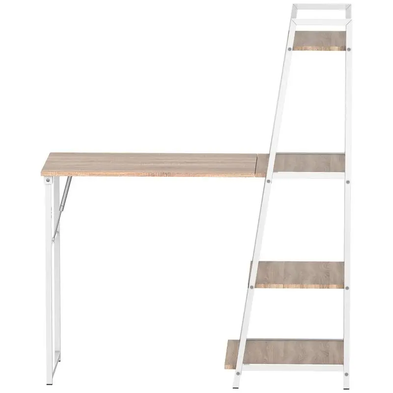 Foldable Drop-Leaf Desk – 2-in-1 Desk & Bookcase (4 Shelves) – Light Oak Effect & White Metal