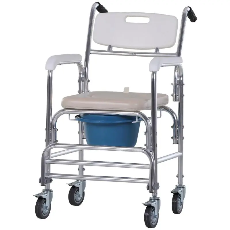 Wheeled commode chair – commode wheelchair – shower chair – removable bucket, armrests, footrest – chrome-plated steel, white HDPE
