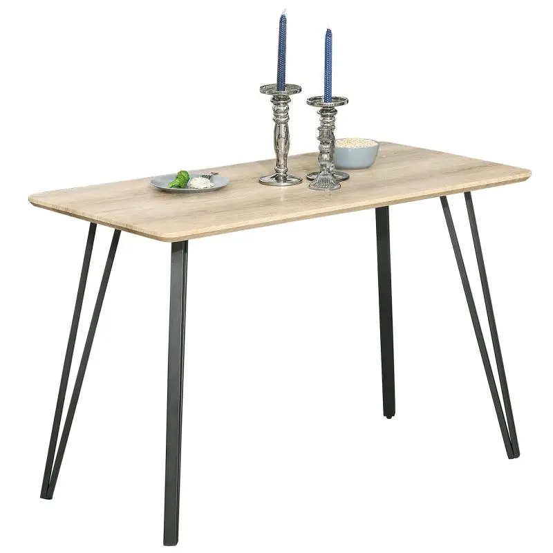 Industrial-style dining table with large tabletop (120L x 60W x 75H cm), black metal hairpin legs, and light oak-effect MDF top.