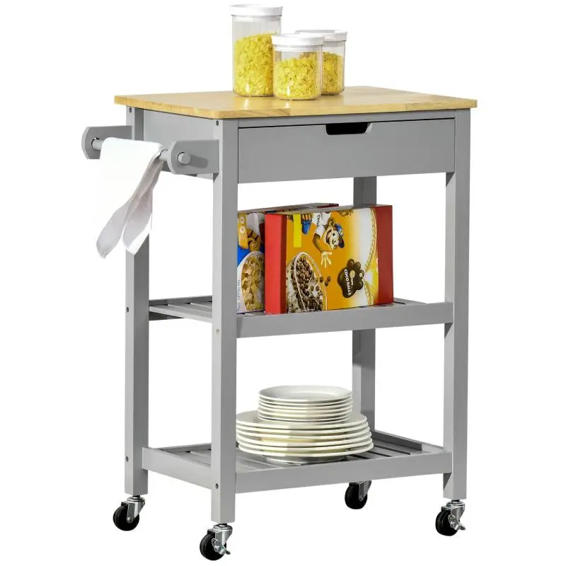 Kitchen trolley serving cart with wheels and rubberwood worktop - 2 shelves, 1 drawer and
