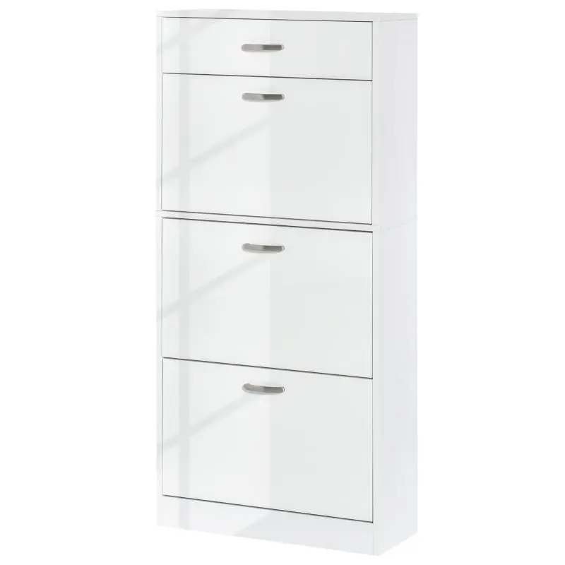 Shoe Cabinet – 3 Drop-down Doors and Sliding Drawer – Dim. 62W x 24D x 135H cm – White