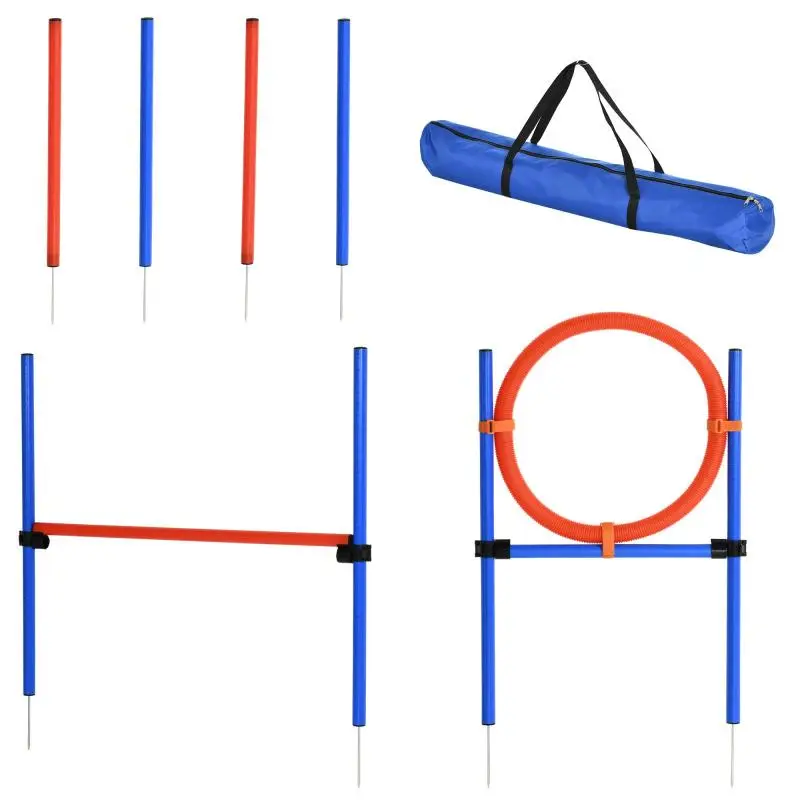 Complete 11-piece dog agility training set with obstacles and carry bag – red and blue steel