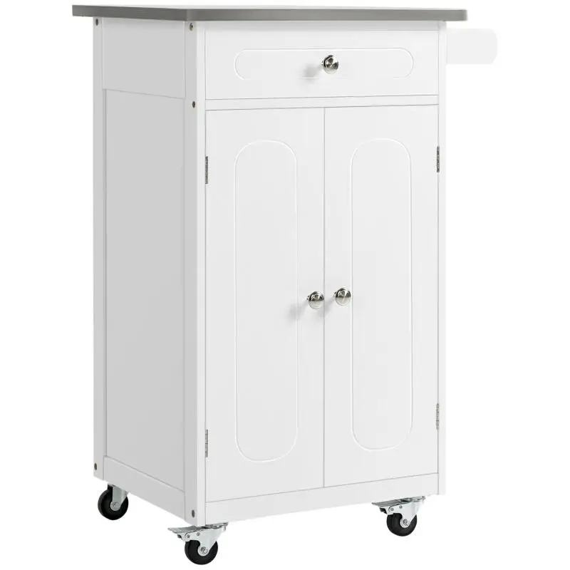 Stainless steel kitchen service cart on wheels with multi-storage, 1 drawer, and 2-door cabinet.