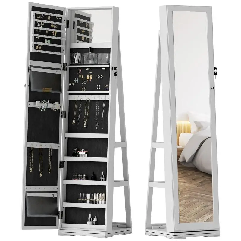 Lockable Swiveling Jewelry Armoire with Mirror – Multi-Storage Jewelry Cabinet – White Wood